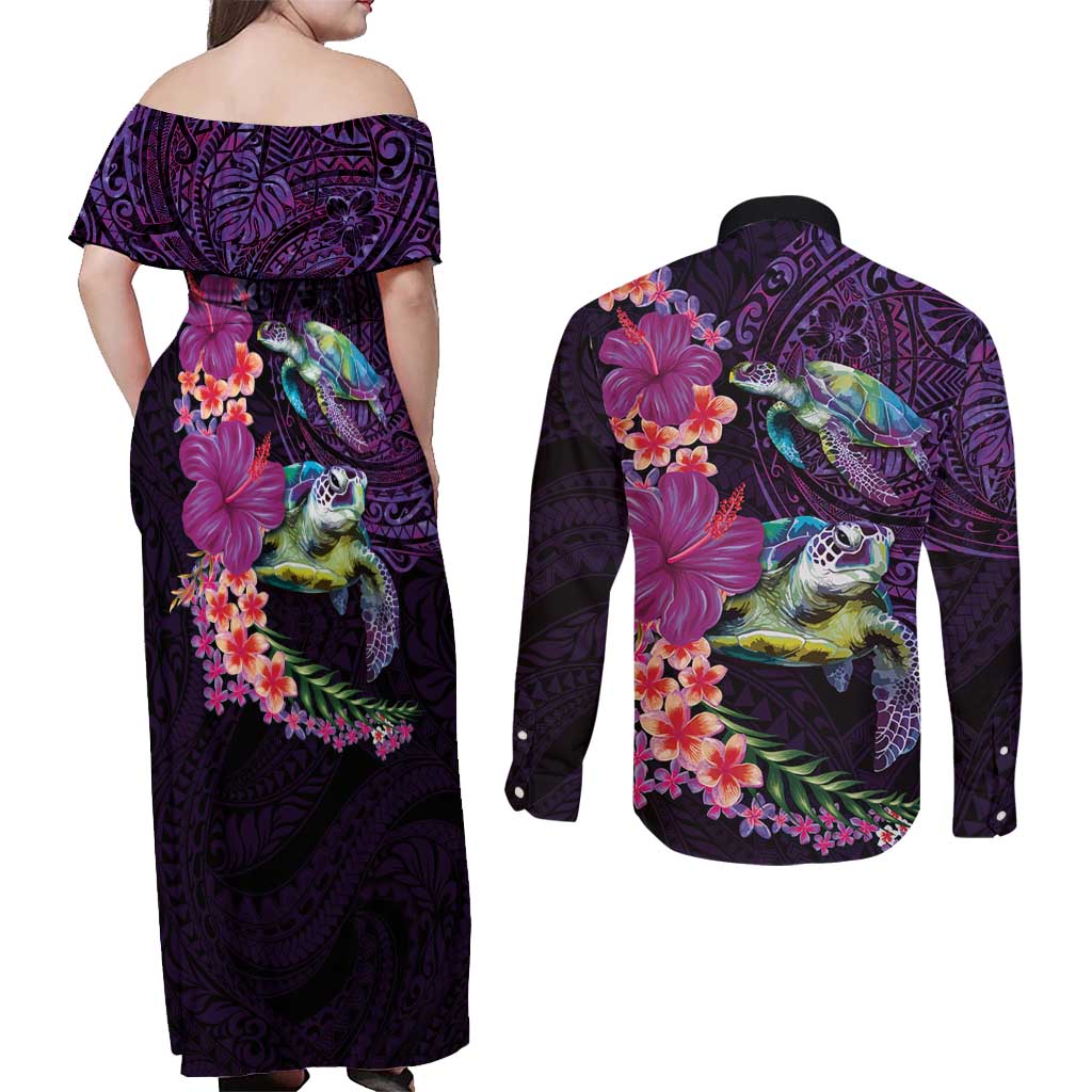 Hawaiian Plumeria and Hibiscus with Turtles Couples Matching Off Shoulder Maxi Dress and Long Sleeve Button Shirt Polynesian Art Purple Color - Polynesian Pride