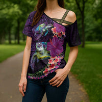 Hawaiian Plumeria and Hibiscus with Turtles Cross Shoulder Shirt Polynesian Art Purple Color - Polynesian Pride