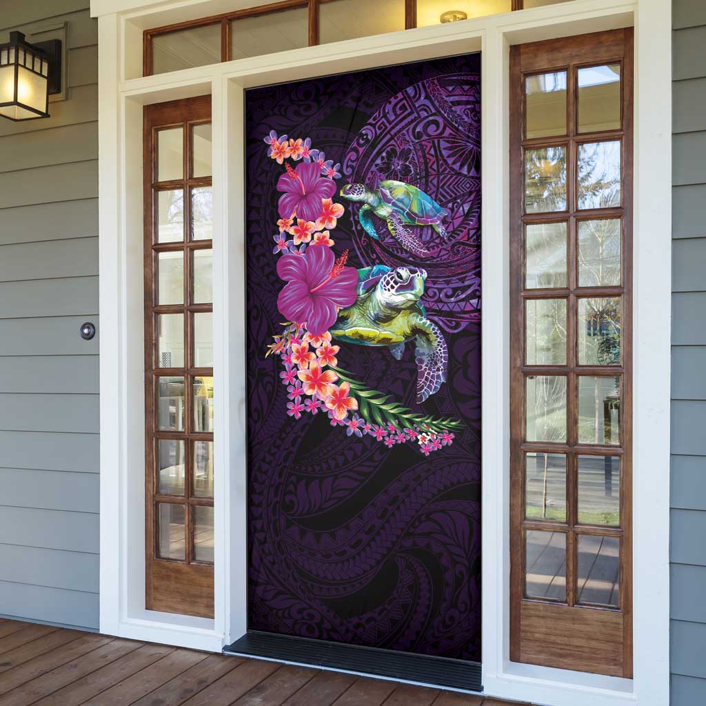 Hawaiian Plumeria and Hibiscus with Turtles Door Cover Polynesian Art Purple Color - Polynesian Pride
