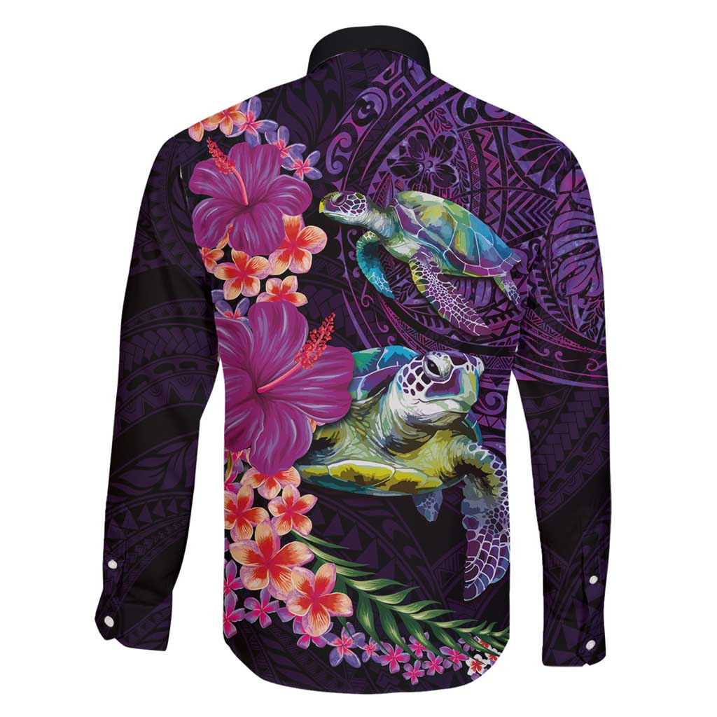 Hawaiian Plumeria and Hibiscus with Turtles Family Matching Long Sleeve Bodycon Dress and Hawaiian Shirt Polynesian Art Purple Color - Polynesian Pride