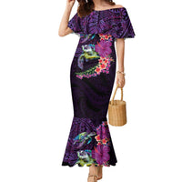 Hawaiian Plumeria and Hibiscus with Turtles Family Matching Mermaid Dress and Hawaiian Shirt Polynesian Art Purple Color - Polynesian Pride