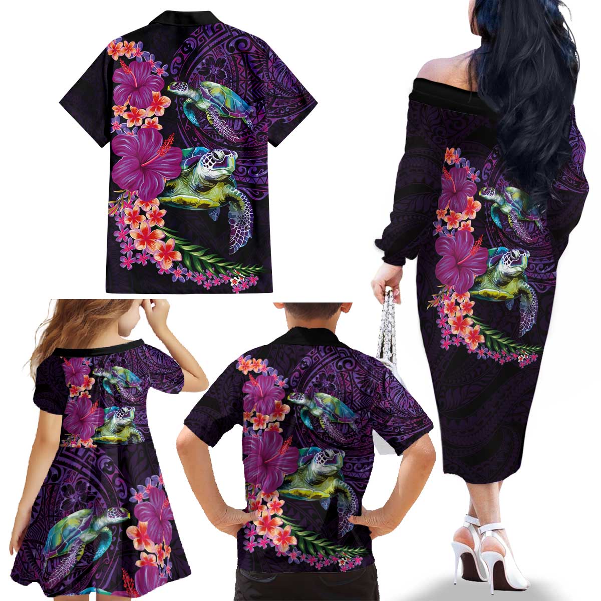 Hawaiian Plumeria and Hibiscus with Turtles Family Matching Off The Shoulder Long Sleeve Dress and Hawaiian Shirt Polynesian Art Purple Color - Polynesian Pride