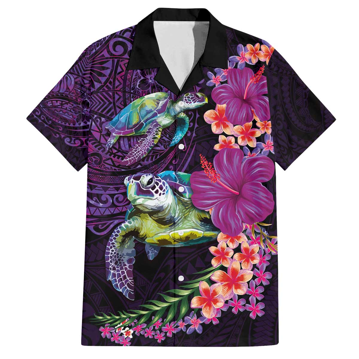 Hawaiian Plumeria and Hibiscus with Turtles Family Matching Off The Shoulder Long Sleeve Dress and Hawaiian Shirt Polynesian Art Purple Color - Polynesian Pride