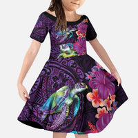 Hawaiian Plumeria and Hibiscus with Turtles Family Matching Off Shoulder Maxi Dress and Hawaiian Shirt Polynesian Art Purple Color - Polynesian Pride