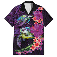 Hawaiian Plumeria and Hibiscus with Turtles Family Matching Off Shoulder Maxi Dress and Hawaiian Shirt Polynesian Art Purple Color - Polynesian Pride