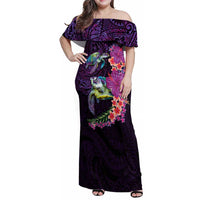 Hawaiian Plumeria and Hibiscus with Turtles Family Matching Off Shoulder Maxi Dress and Hawaiian Shirt Polynesian Art Purple Color - Polynesian Pride