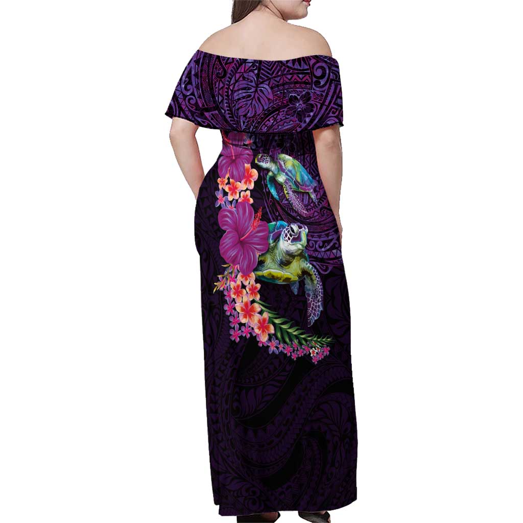 Hawaiian Plumeria and Hibiscus with Turtles Family Matching Off Shoulder Maxi Dress and Hawaiian Shirt Polynesian Art Purple Color - Polynesian Pride