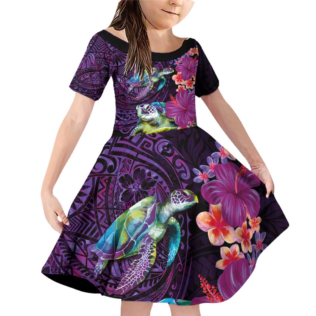 Hawaiian Plumeria and Hibiscus with Turtles Family Matching Off Shoulder Short Dress and Hawaiian Shirt Polynesian Art Purple Color - Polynesian Pride