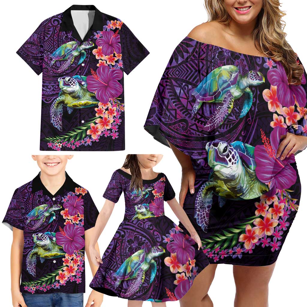 Hawaiian Plumeria and Hibiscus with Turtles Family Matching Off Shoulder Short Dress and Hawaiian Shirt Polynesian Art Purple Color - Polynesian Pride