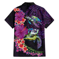Hawaiian Plumeria and Hibiscus with Turtles Family Matching Off Shoulder Short Dress and Hawaiian Shirt Polynesian Art Purple Color - Polynesian Pride