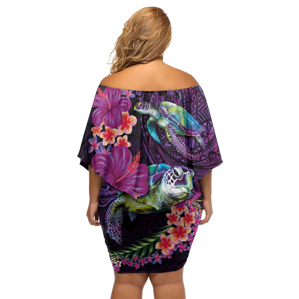 Hawaiian Plumeria and Hibiscus with Turtles Family Matching Off Shoulder Short Dress and Hawaiian Shirt Polynesian Art Purple Color - Polynesian Pride