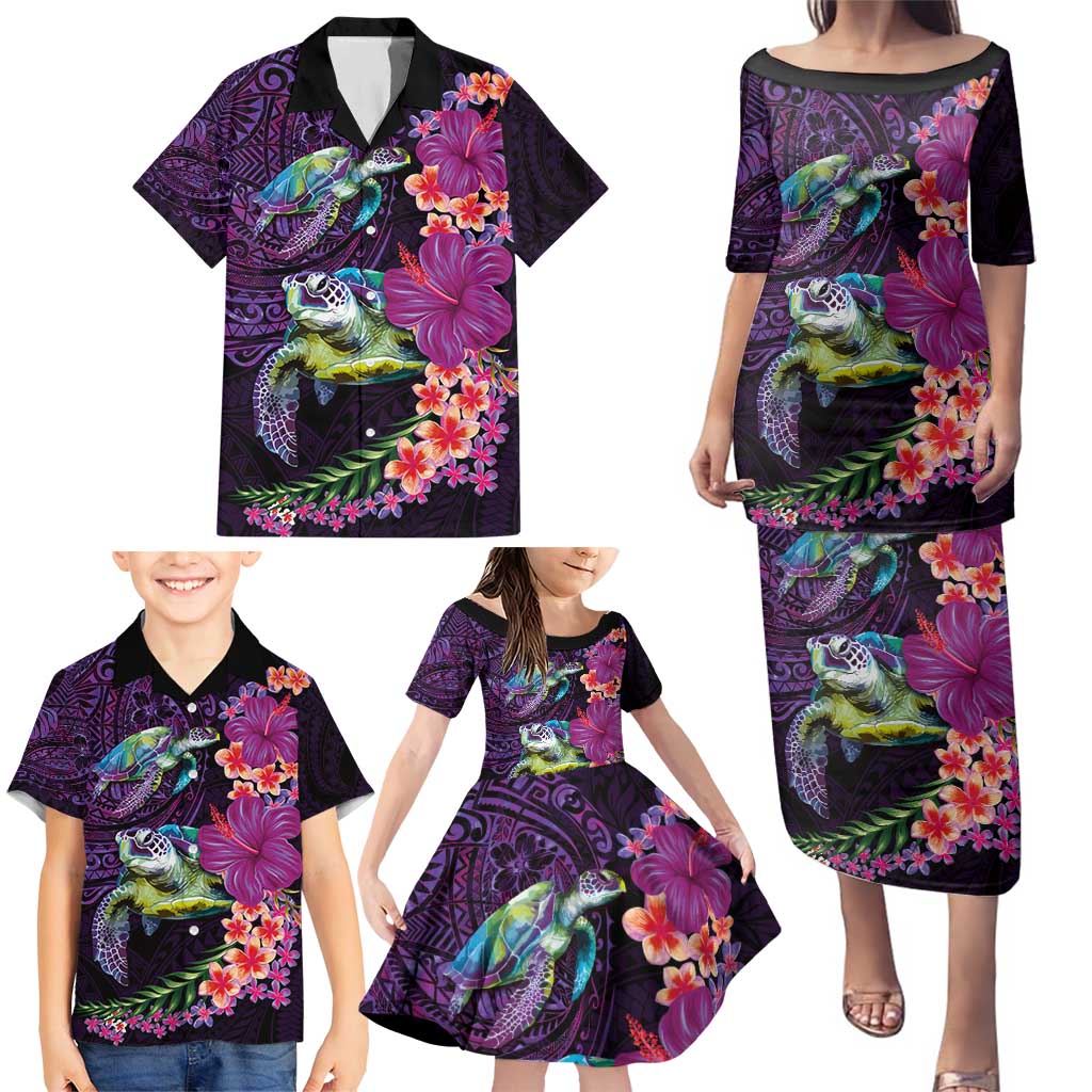 Hawaiian Plumeria and Hibiscus with Turtles Family Matching Puletasi and Hawaiian Shirt Polynesian Art Purple Color - Polynesian Pride