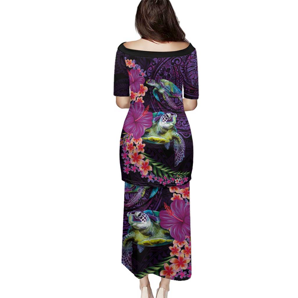 Hawaiian Plumeria and Hibiscus with Turtles Family Matching Puletasi and Hawaiian Shirt Polynesian Art Purple Color - Polynesian Pride