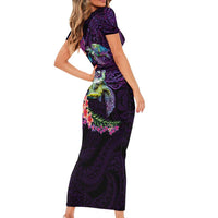 Hawaiian Plumeria and Hibiscus with Turtles Family Matching Short Sleeve Bodycon Dress and Hawaiian Shirt Polynesian Art Purple Color - Polynesian Pride
