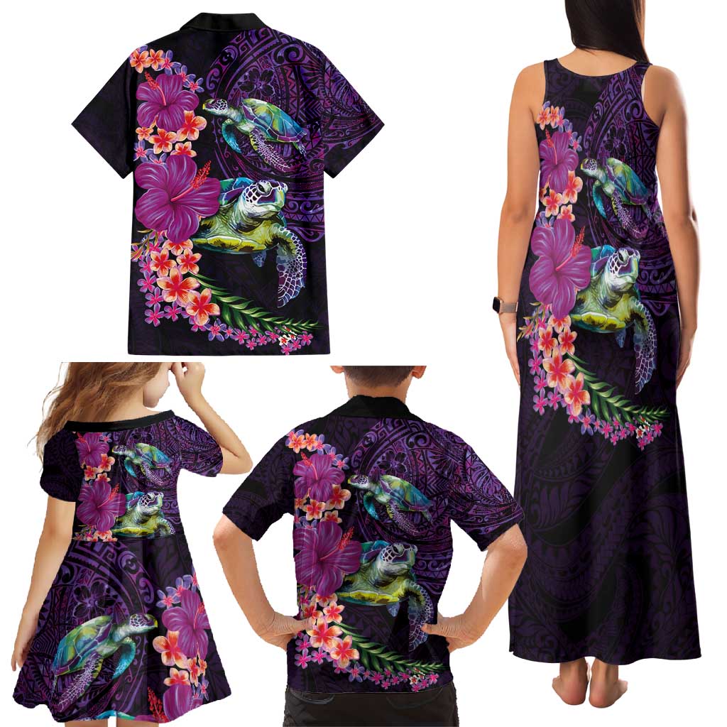 Hawaiian Plumeria and Hibiscus with Turtles Family Matching Tank Maxi Dress and Hawaiian Shirt Polynesian Art Purple Color - Polynesian Pride