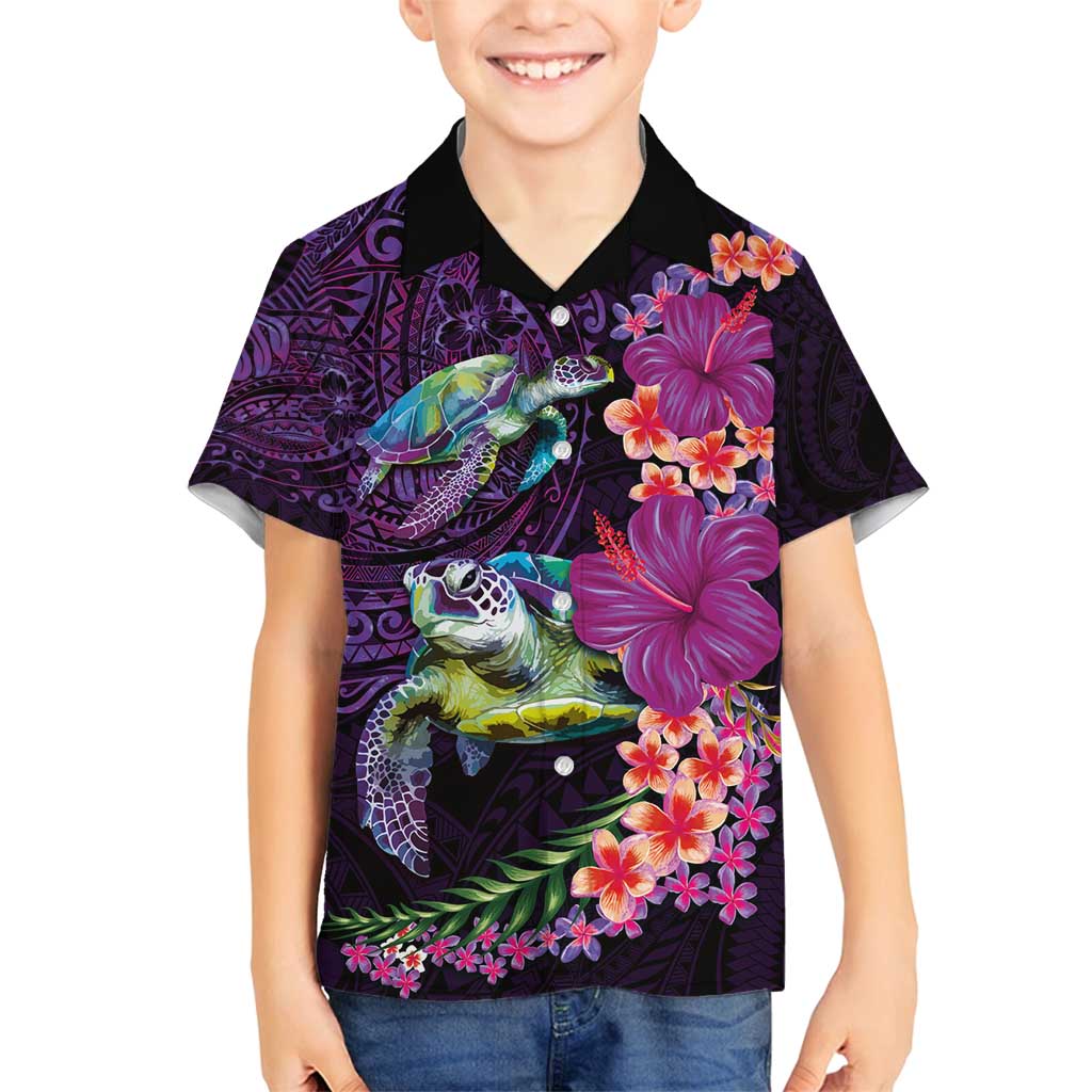 Hawaiian Plumeria and Hibiscus with Turtles Family Matching Tank Maxi Dress and Hawaiian Shirt Polynesian Art Purple Color - Polynesian Pride