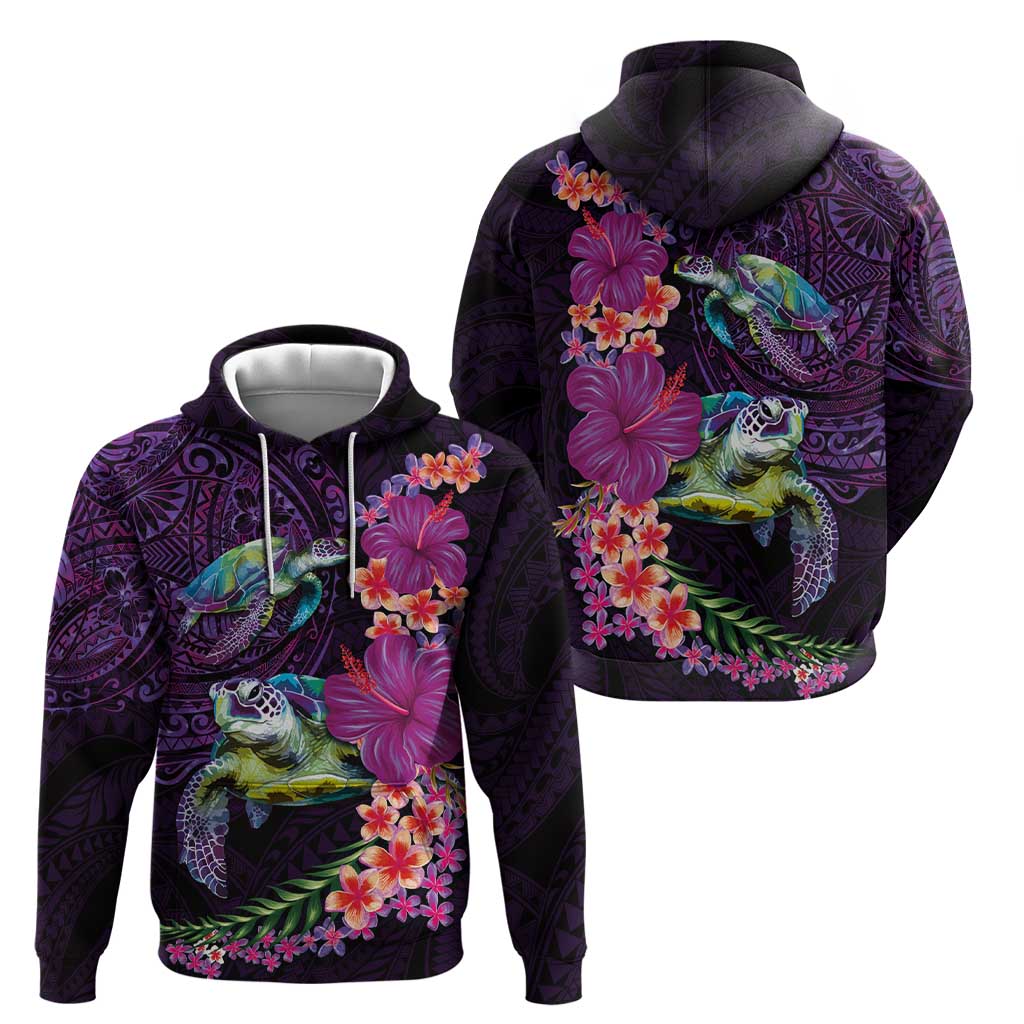 Hawaiian Plumeria and Hibiscus with Turtles Hoodie Polynesian Art Purple Color - Polynesian Pride