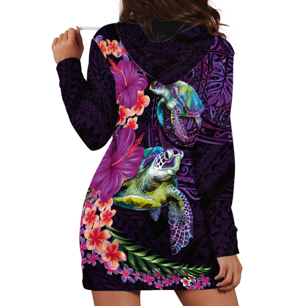 Hawaiian Plumeria and Hibiscus with Turtles Hoodie Dress Polynesian Art Purple Color - Polynesian Pride
