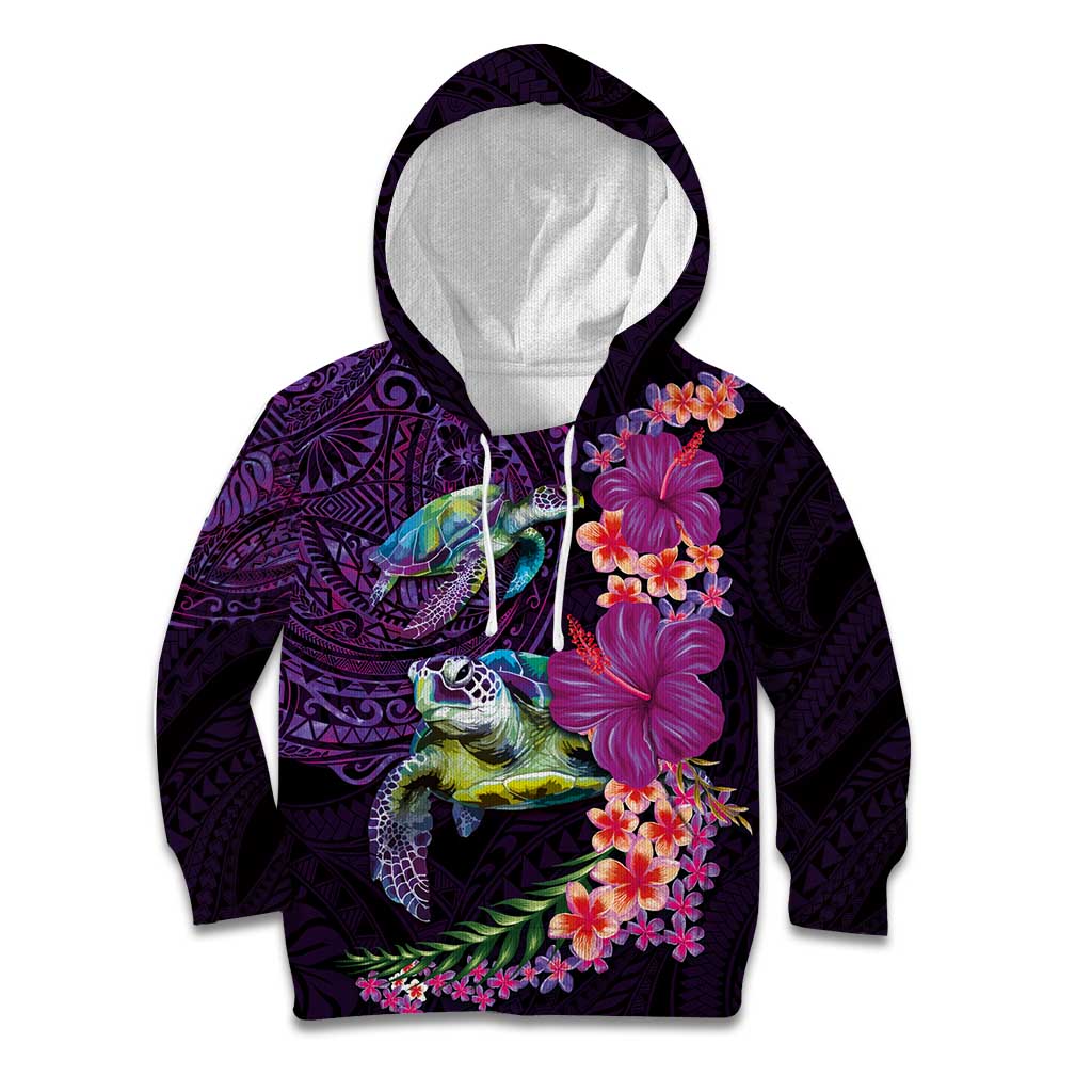 Hawaiian Plumeria and Hibiscus with Turtles Kid Hoodie Polynesian Art Purple Color - Polynesian Pride