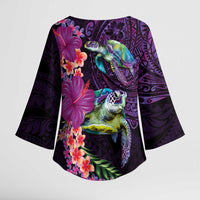 Hawaiian Plumeria and Hibiscus with Turtles Kimono Sleeve Blouse Polynesian Art Purple Color - Polynesian Pride