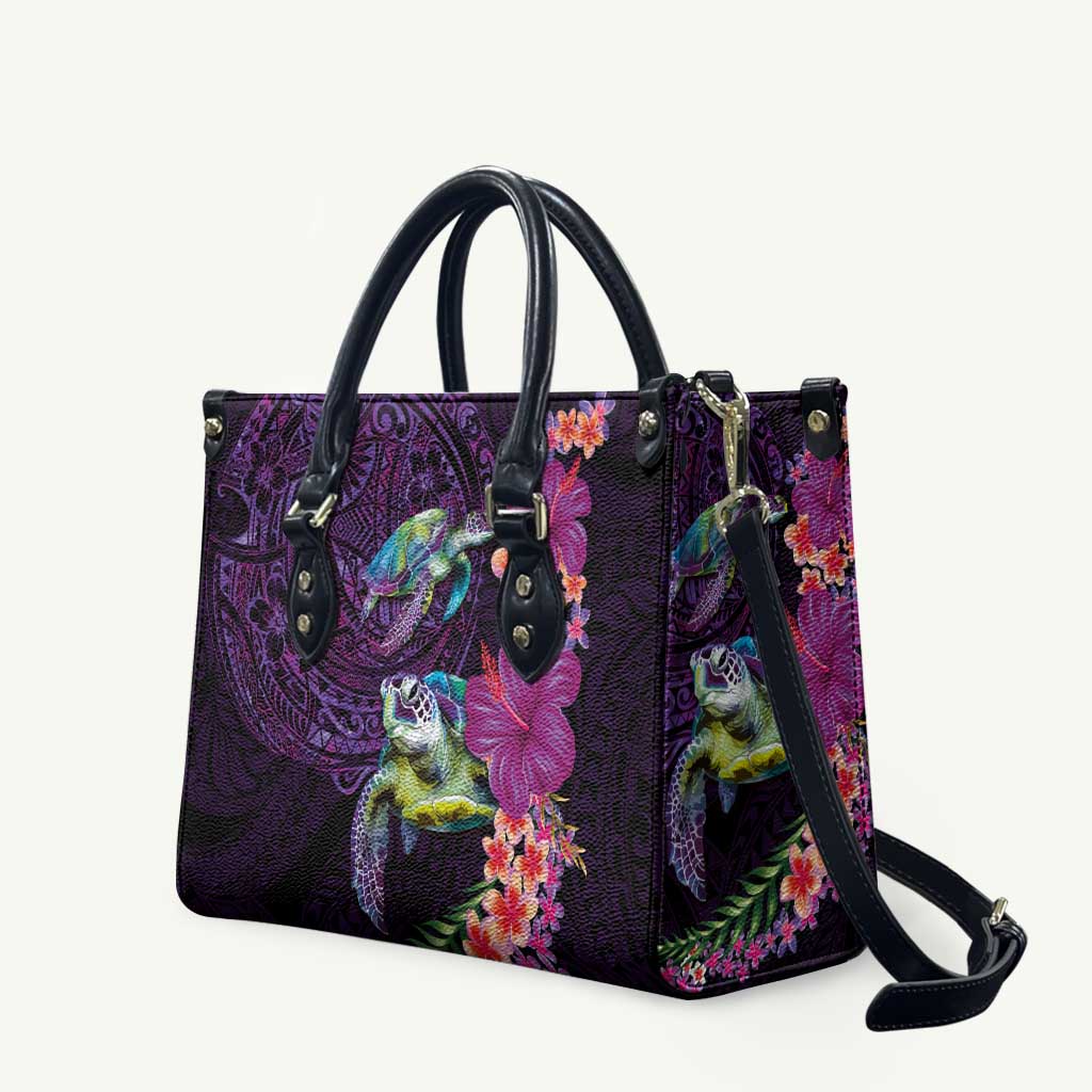 Hawaiian Plumeria and Hibiscus with Turtles Leather Bag Polynesian Art Purple Color - Polynesian Pride