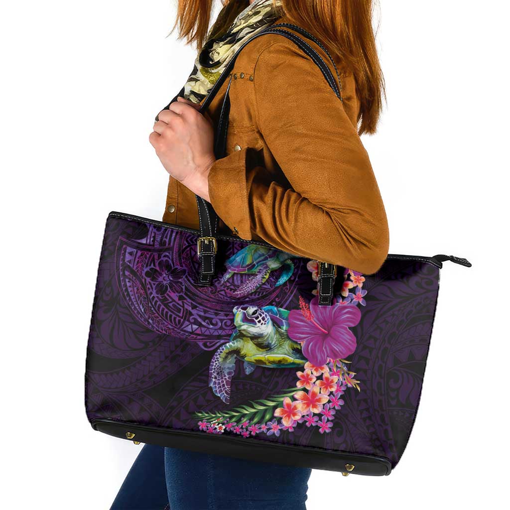 Hawaiian Plumeria and Hibiscus with Turtles Leather Tote Bag Polynesian Art Purple Color - Polynesian Pride