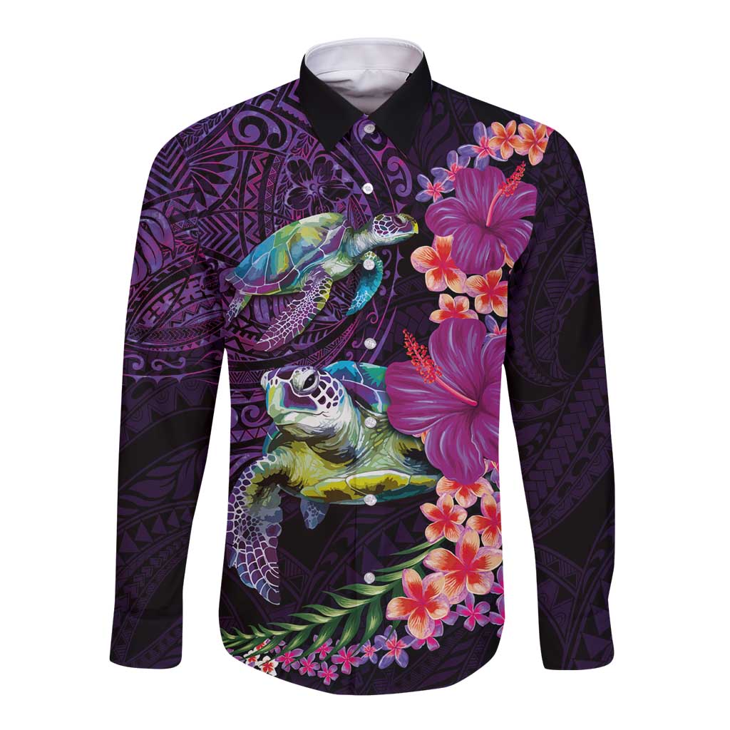 Hawaiian Plumeria and Hibiscus with Turtles Long Sleeve Button Shirt Polynesian Art Purple Color - Polynesian Pride