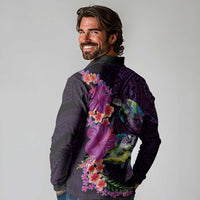 Hawaiian Plumeria and Hibiscus with Turtles Long Sleeve Polo Shirt Polynesian Art Purple Color - Polynesian Pride