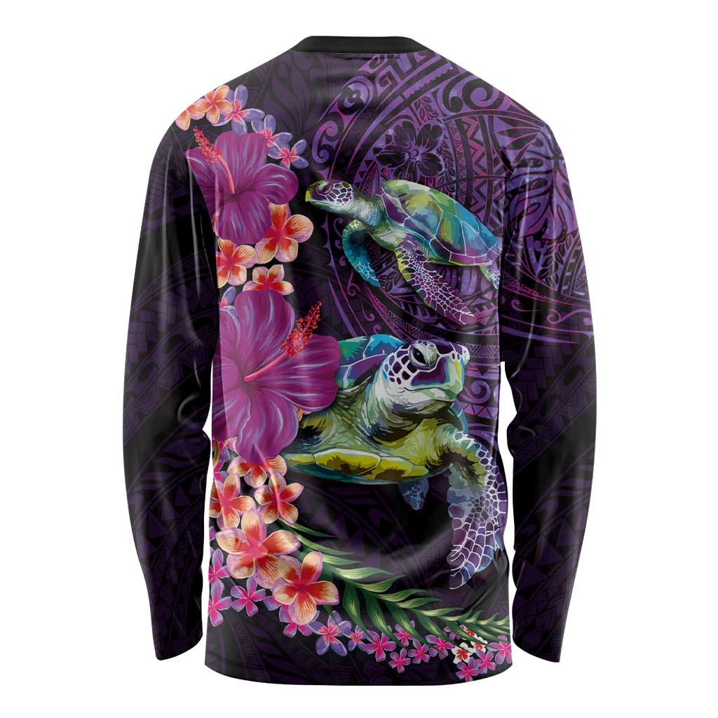 Hawaiian Plumeria and Hibiscus with Turtles Long Sleeve Shirt Polynesian Art Purple Color - Polynesian Pride