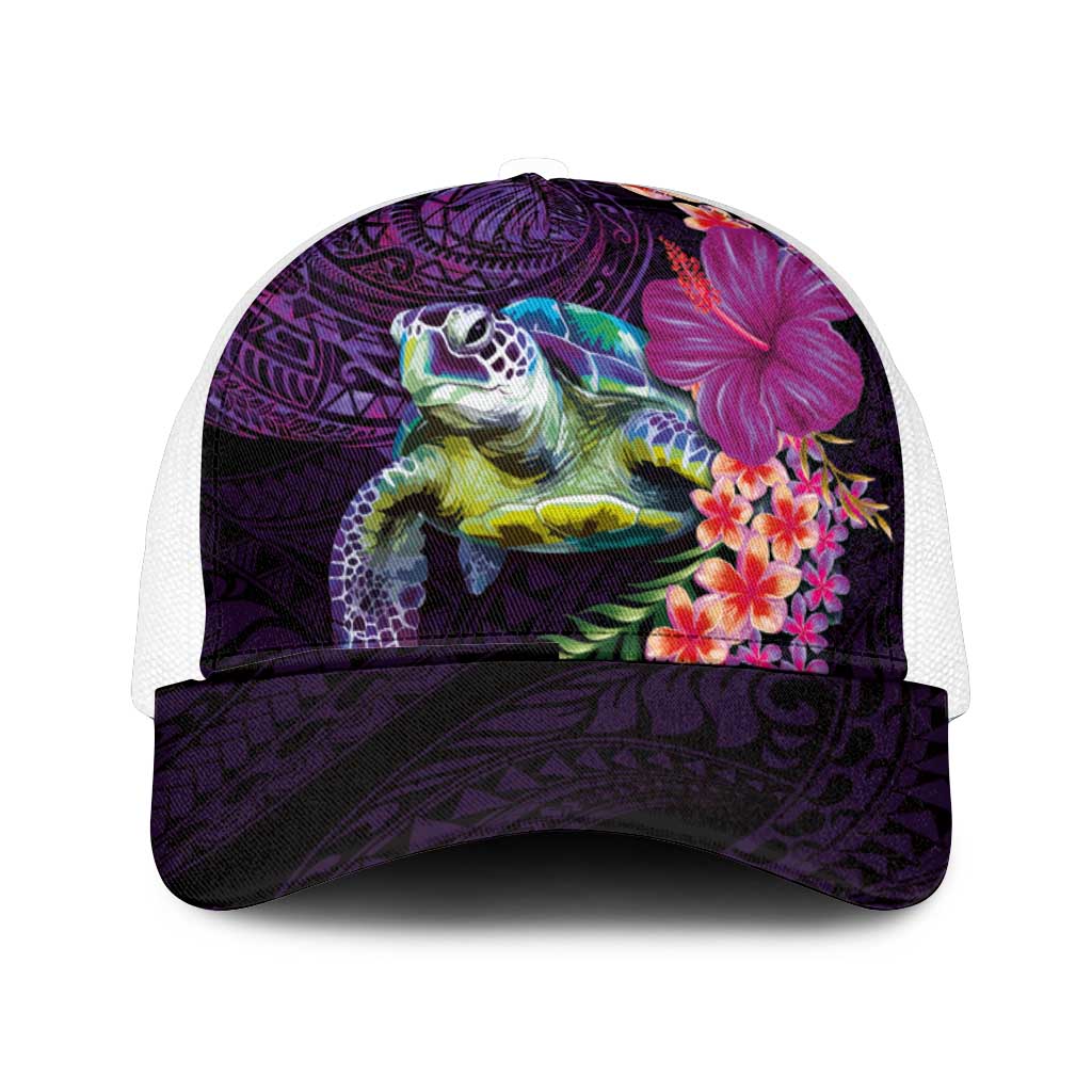 Hawaiian Plumeria and Hibiscus with Turtles Mesh Trucker Cap Polynesian Art Purple Color - Polynesian Pride