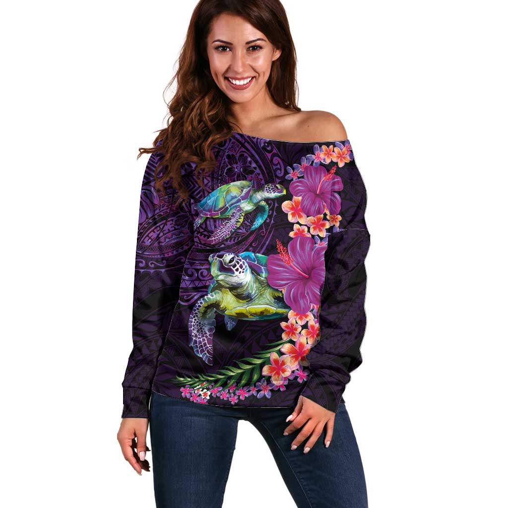 Hawaiian Plumeria and Hibiscus with Turtles Off Shoulder Sweater Polynesian Art Purple Color - Polynesian Pride