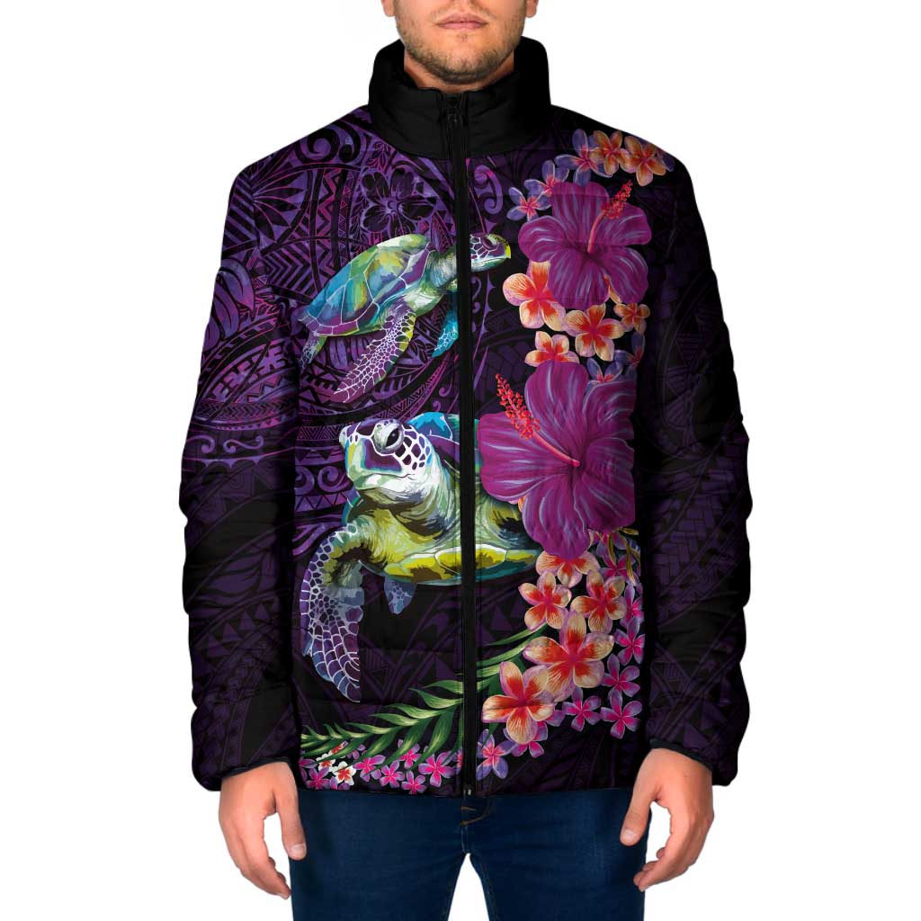 Hawaiian Plumeria and Hibiscus with Turtles Padded Jacket Polynesian Art Purple Color - Polynesian Pride