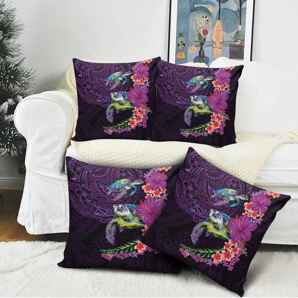 Hawaiian Plumeria and Hibiscus with Turtles Pillow Cover Polynesian Art Purple Color - Polynesian Pride