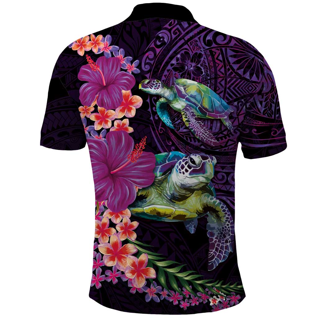 Hawaiian Plumeria and Hibiscus with Turtles Polo Shirt Polynesian Art Purple Color - Polynesian Pride