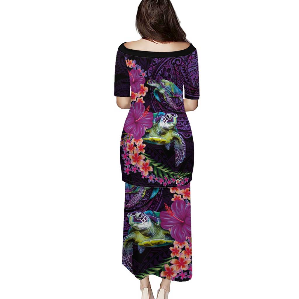 Hawaiian Plumeria and Hibiscus with Turtles Puletasi Polynesian Art Purple Color - Polynesian Pride