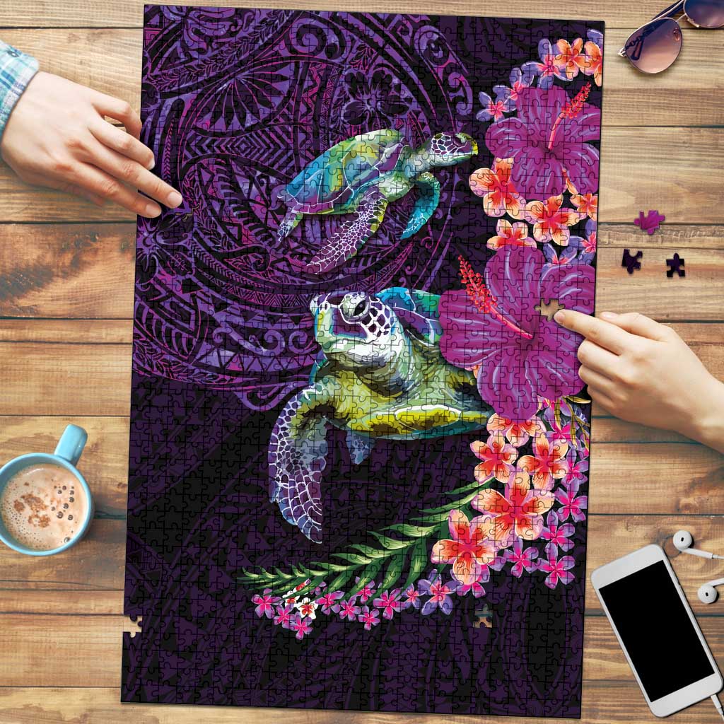 Hawaiian Plumeria and Hibiscus with Turtles Puzzle Polynesian Art Purple Color - Polynesian Pride