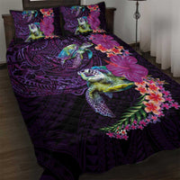 Hawaiian Plumeria and Hibiscus with Turtles Quilt Bed Set Polynesian Art Purple Color - Polynesian Pride