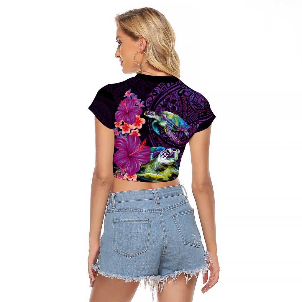 Hawaiian Plumeria and Hibiscus with Turtles Raglan Cropped T Shirt Polynesian Art Purple Color - Polynesian Pride