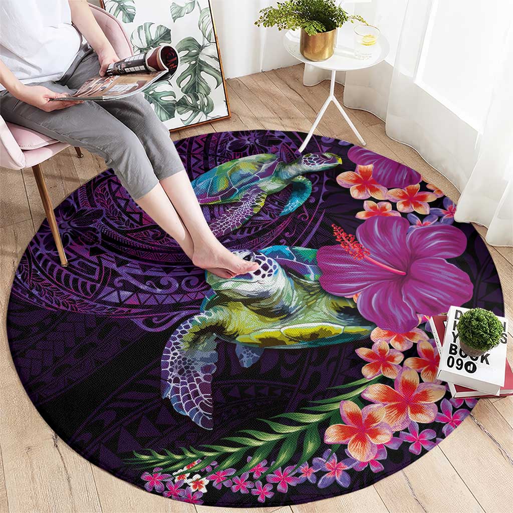 Hawaiian Plumeria and Hibiscus with Turtles Round Carpet Polynesian Art Purple Color - Polynesian Pride