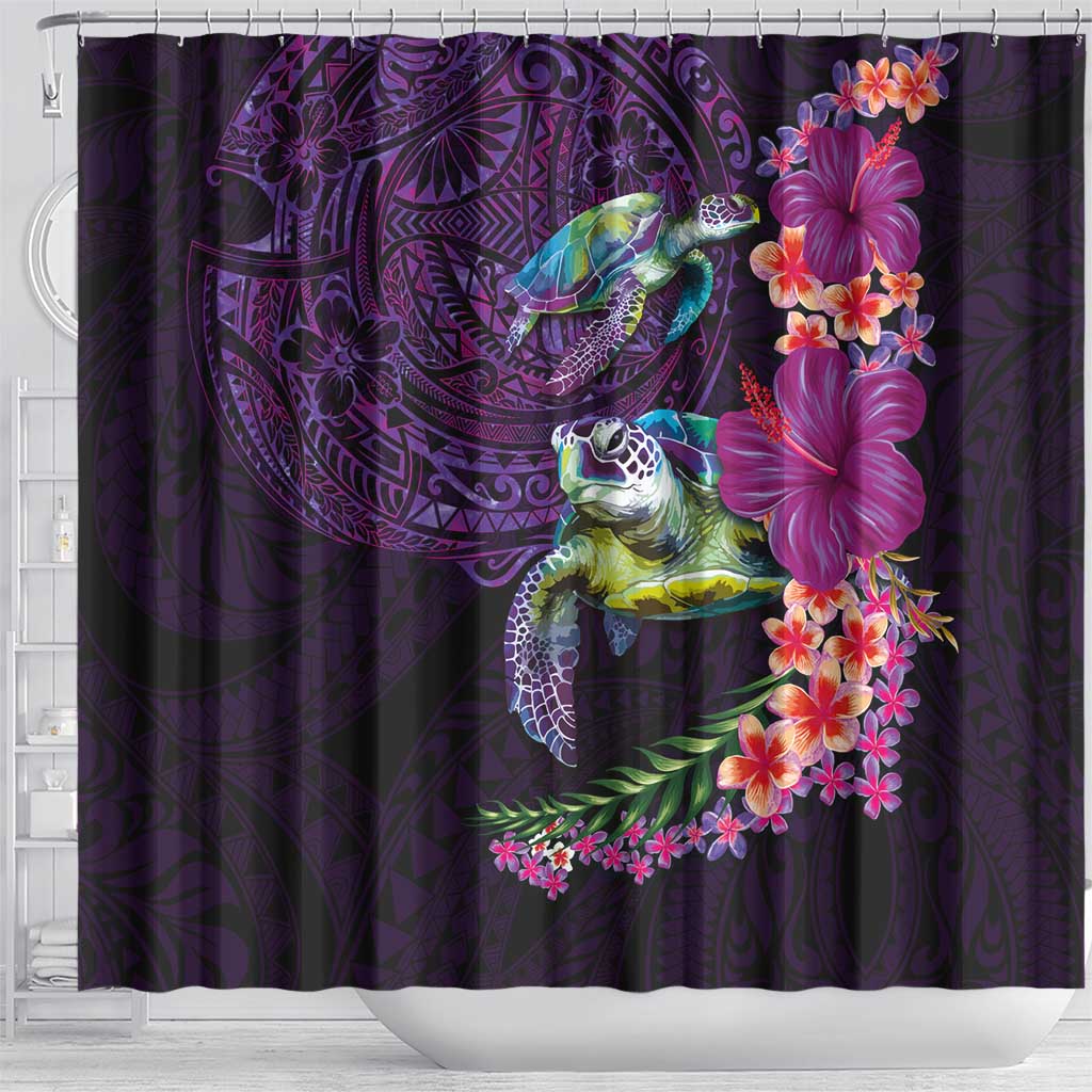 Hawaiian Plumeria and Hibiscus with Turtles Shower Curtain Polynesian Art Purple Color - Polynesian Pride