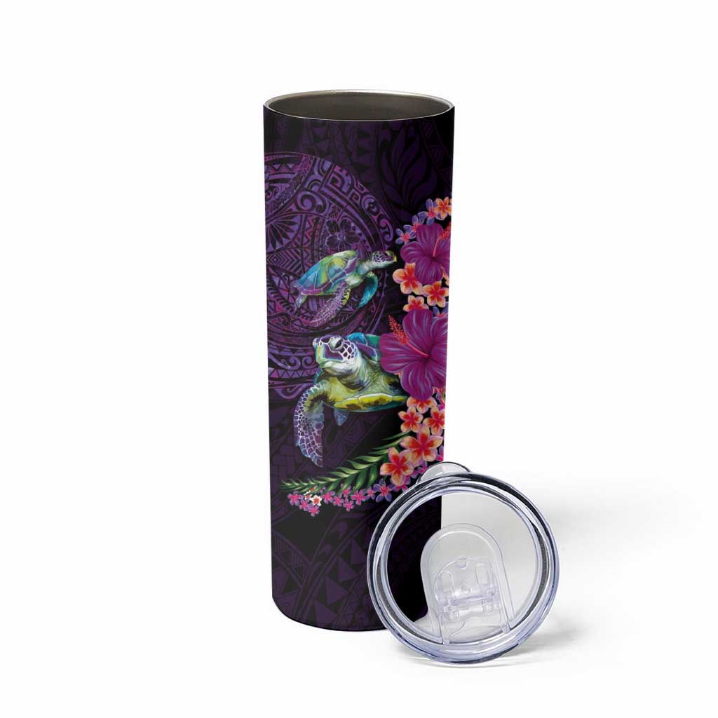 Hawaiian Plumeria and Hibiscus with Turtles Skinny Tumbler Polynesian Art Purple Color - Polynesian Pride