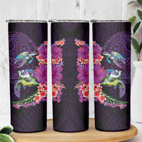 Hawaiian Plumeria and Hibiscus with Turtles Skinny Tumbler Polynesian Art Purple Color - Polynesian Pride