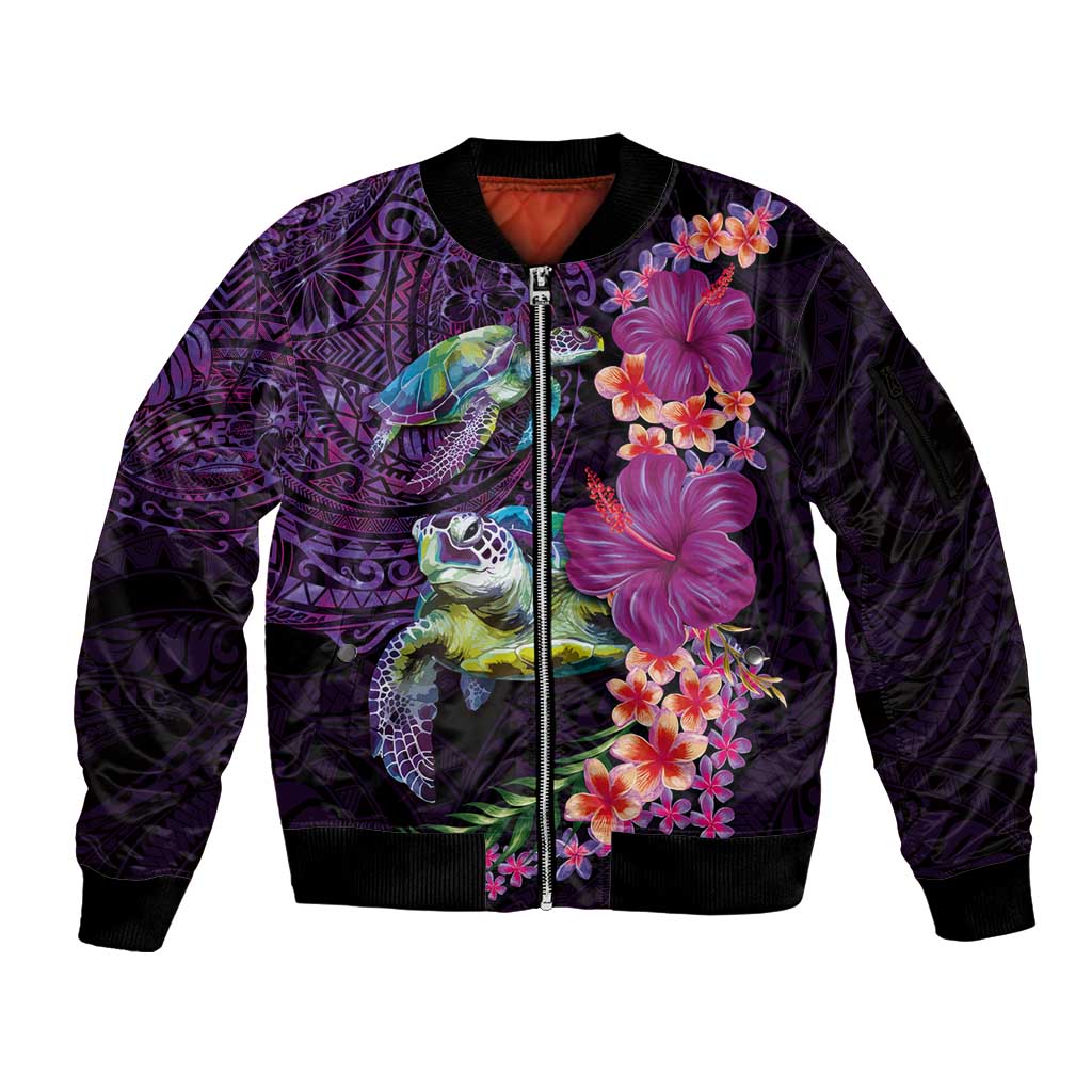 Hawaiian Plumeria and Hibiscus with Turtles Sleeve Zip Bomber Jacket Polynesian Art Purple Color - Polynesian Pride