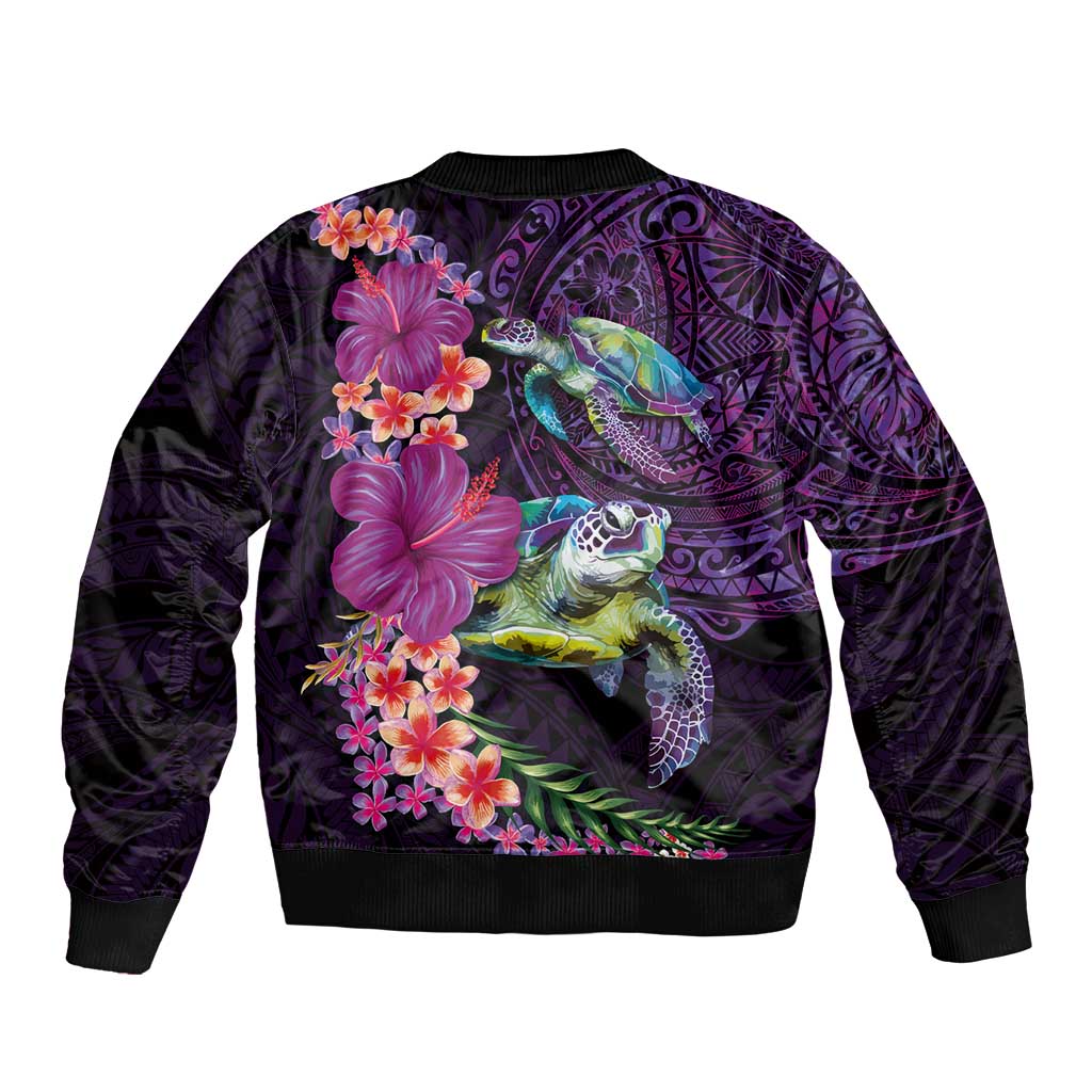 Hawaiian Plumeria and Hibiscus with Turtles Sleeve Zip Bomber Jacket Polynesian Art Purple Color - Polynesian Pride