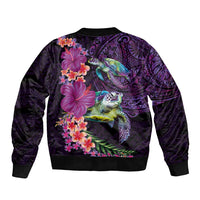 Hawaiian Plumeria and Hibiscus with Turtles Sleeve Zip Bomber Jacket Polynesian Art Purple Color - Polynesian Pride