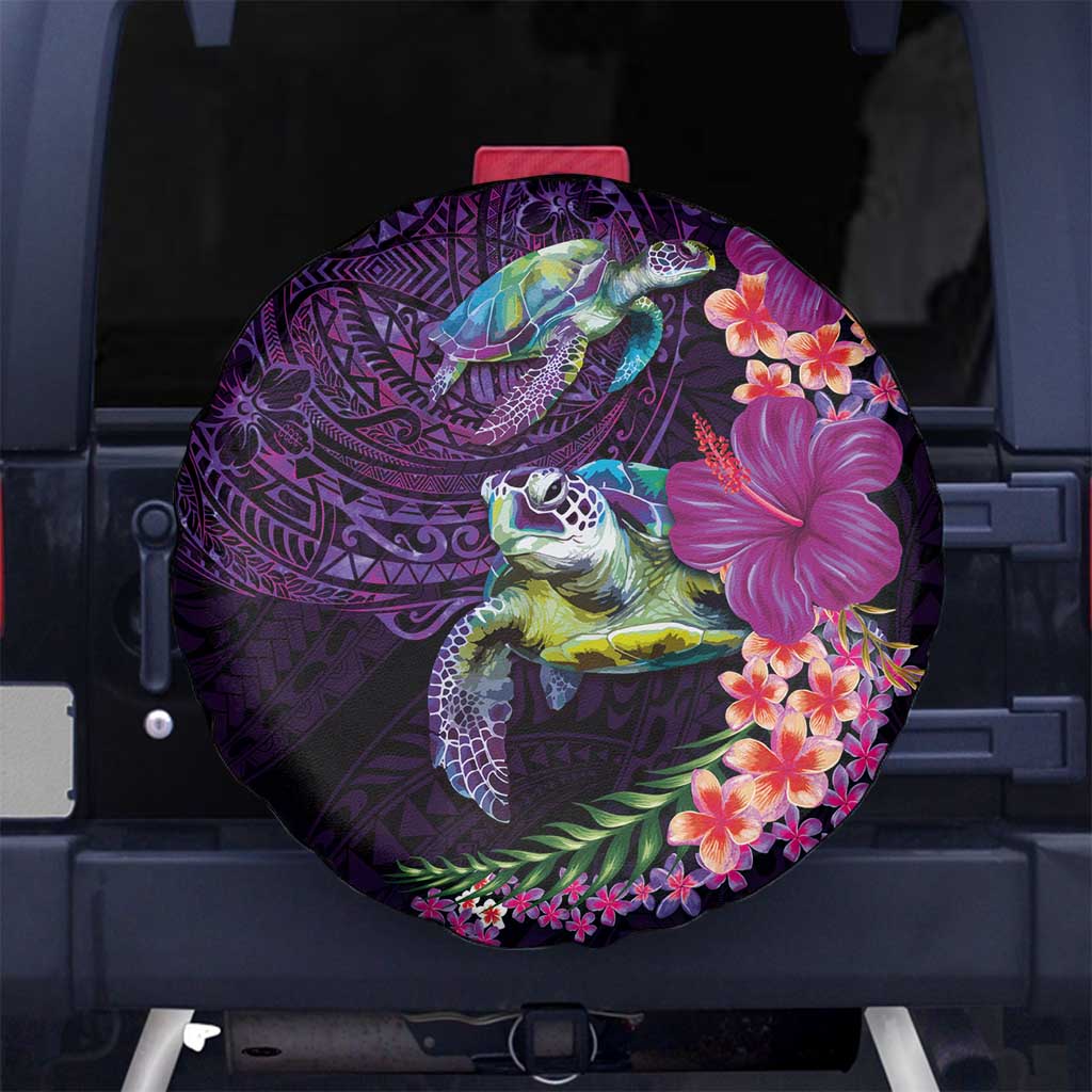 Hawaiian Plumeria and Hibiscus with Turtles Spare Tire Cover Polynesian Art Purple Color - Polynesian Pride