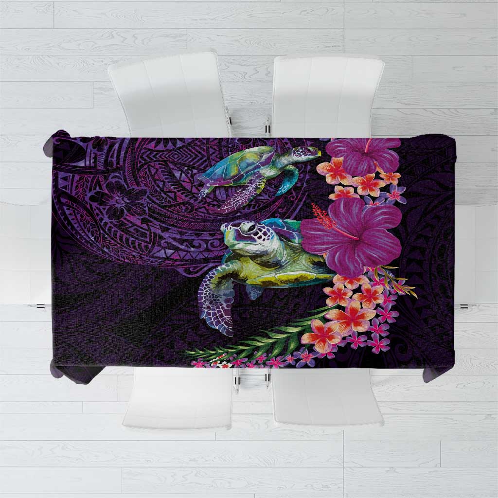 Hawaiian Plumeria and Hibiscus with Turtles Tablecloth Polynesian Art Purple Color - Polynesian Pride