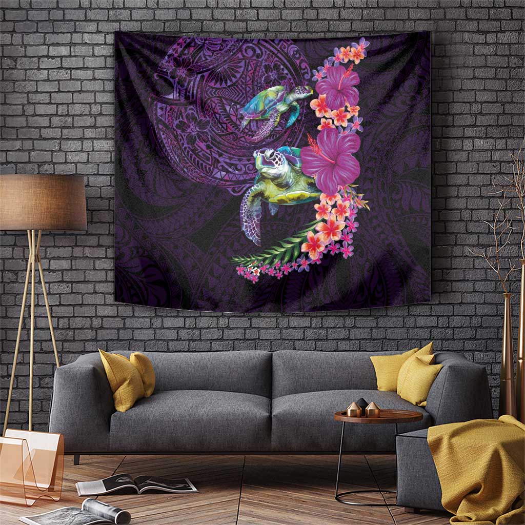Hawaiian Plumeria and Hibiscus with Turtles Tapestry Polynesian Art Purple Color - Polynesian Pride