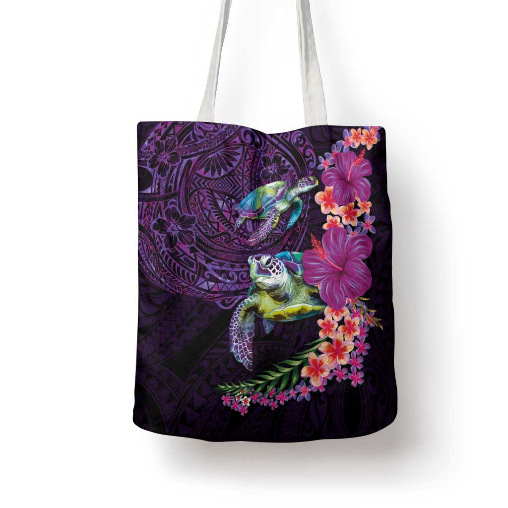 Hawaiian Plumeria and Hibiscus with Turtles Tote Bag Polynesian Art Purple Color - Polynesian Pride