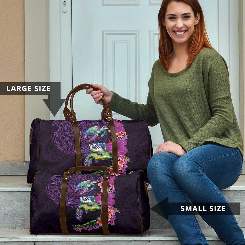 Hawaiian Plumeria and Hibiscus with Turtles Travel Bag Polynesian Art Purple Color - Polynesian Pride